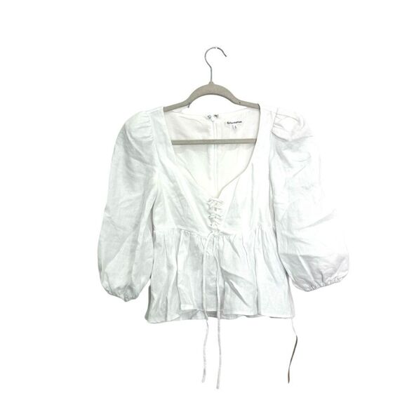NWT Reformation Abigail White 100% Linen Puff Sleeve Prairie Blouse - Picture 7 of 10